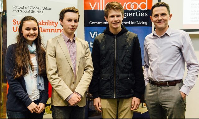 Stephanie Daborn, Declan Martin and Tyler McHarry received cash prizes in recognition of their sustainability solutions from RMIT’s Dr Joe Hurley.